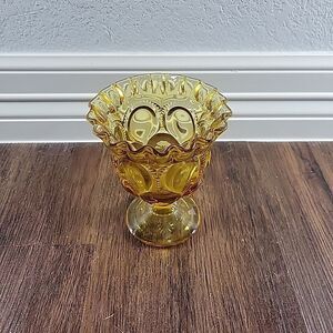 Vtg LE Smith Amber Glass Moon & Star Ruffled Edge Compote Dish 5.5” MCM 50s 1950